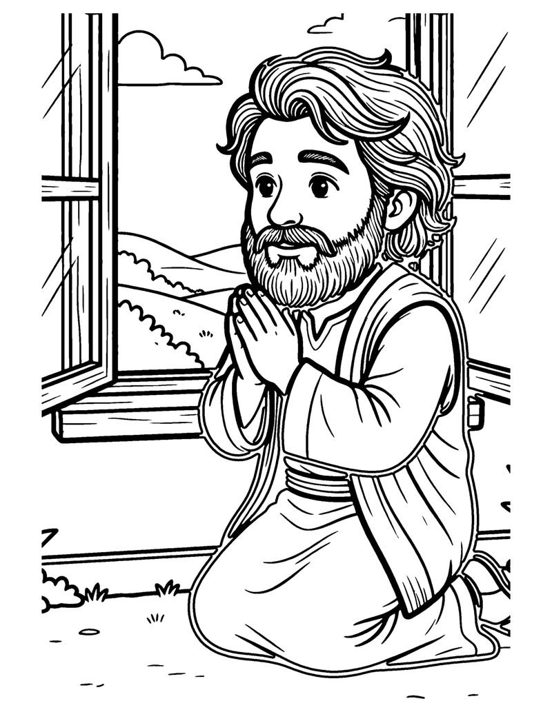 Daniel Prays at His Window coloring page preview