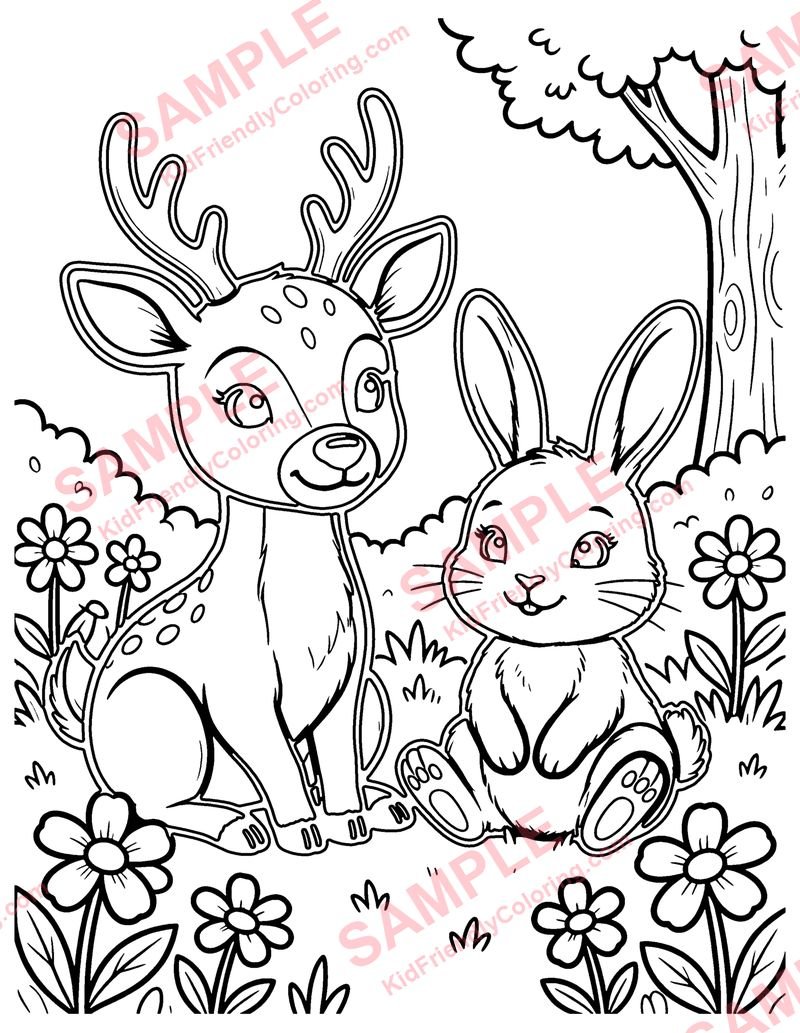 Deer and Rabbit Friends coloring page preview