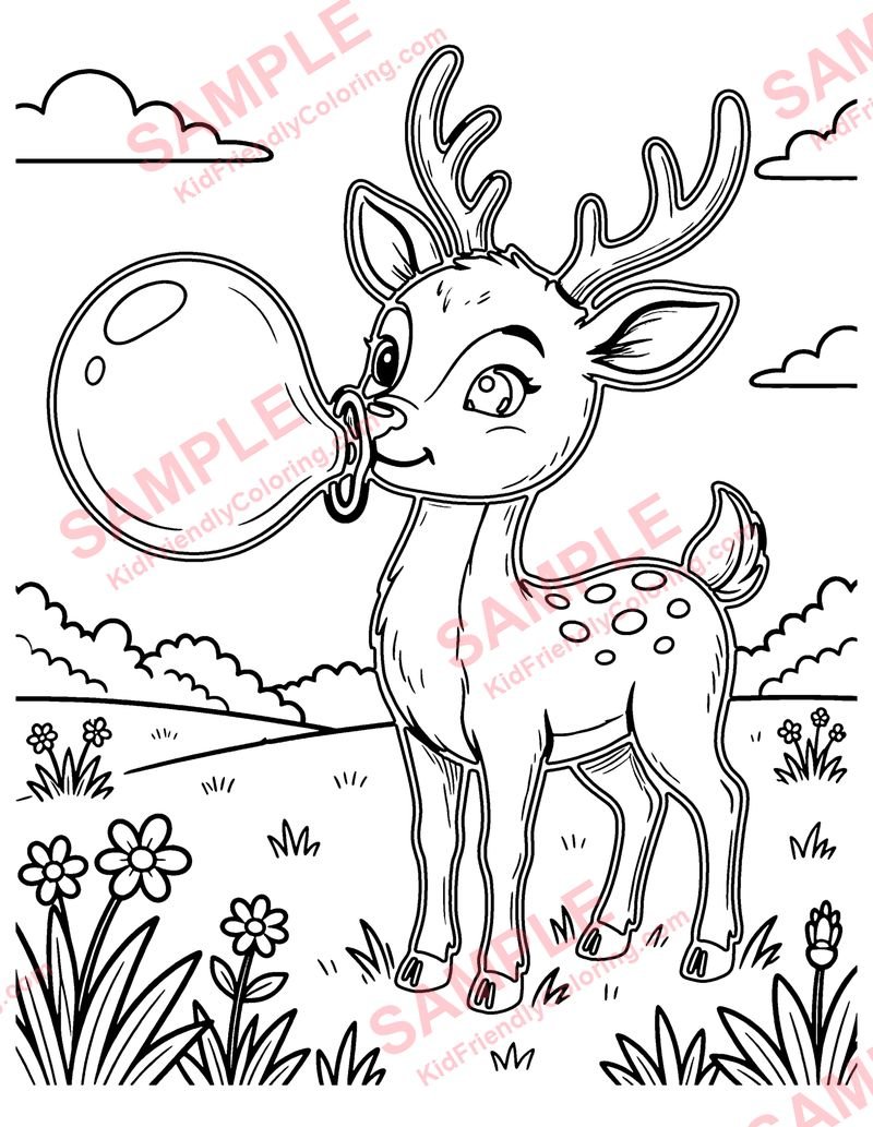 Deer Blowing Bubbles coloring page preview