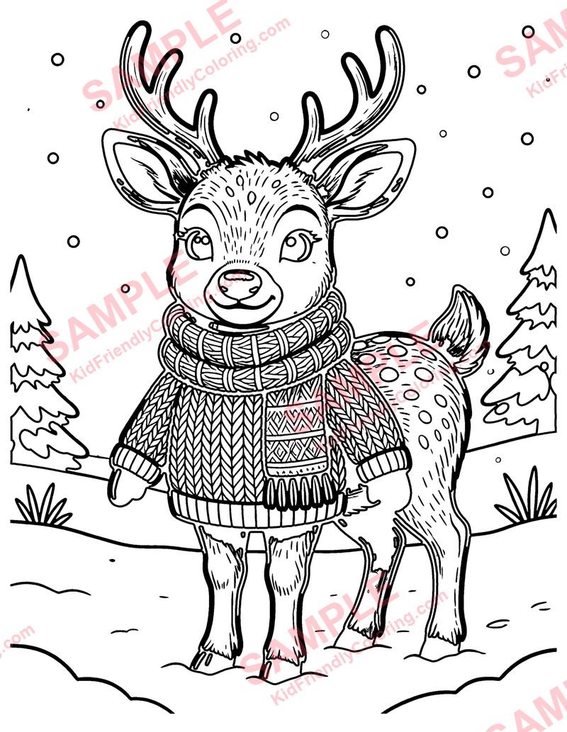 Deer in a Cozy Sweater coloring page preview