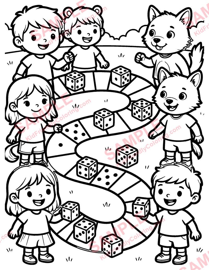 Dice and Game Board coloring page preview