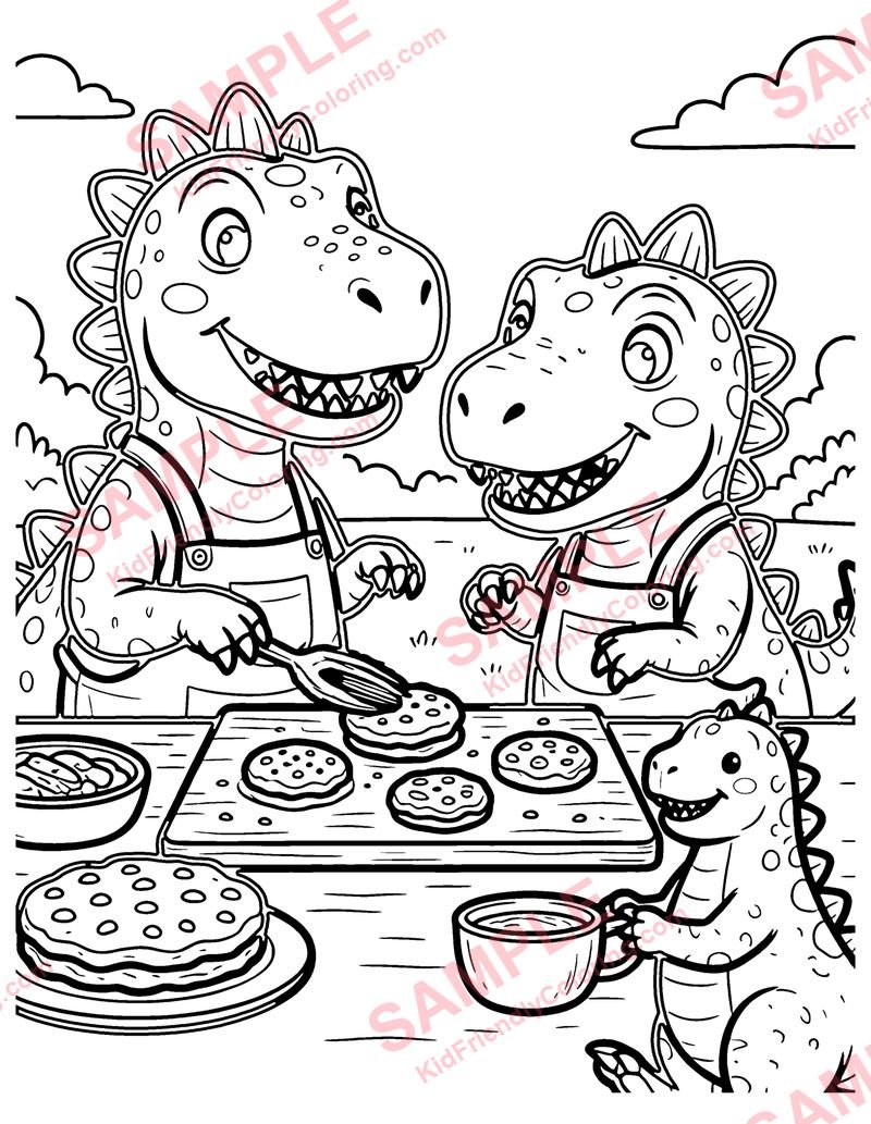 Dino Bakery coloring page preview