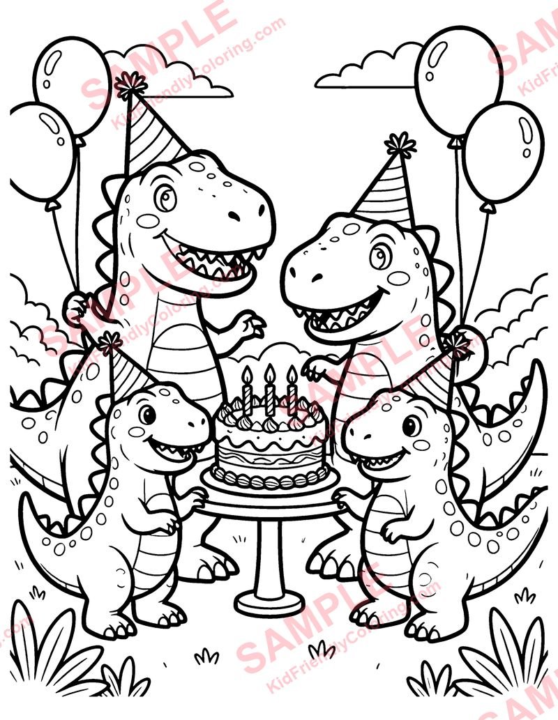 Dino Birthday Party coloring page preview