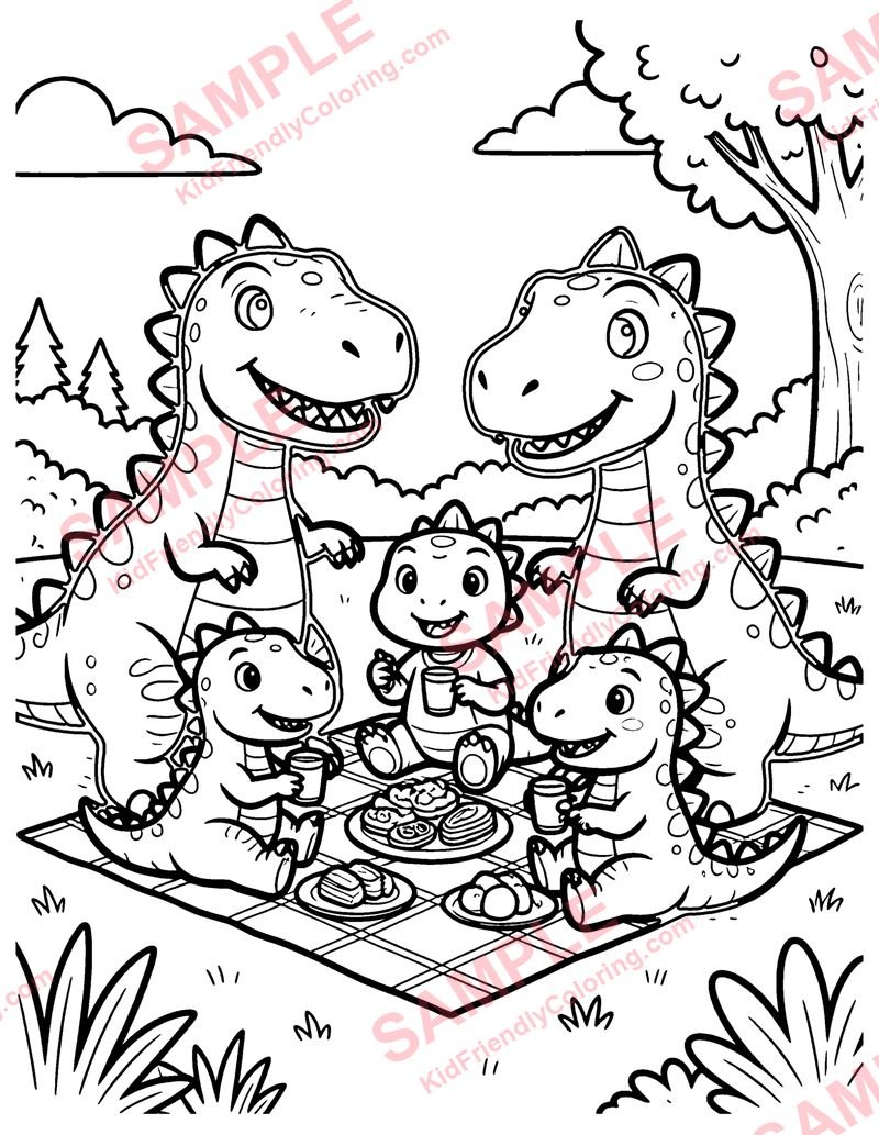 Dino Family Picnic coloring page preview