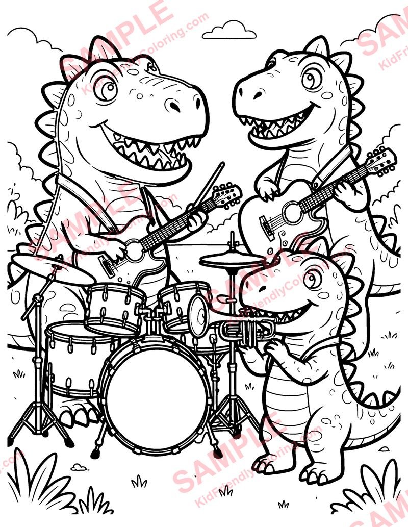 Dino Music Band coloring page preview