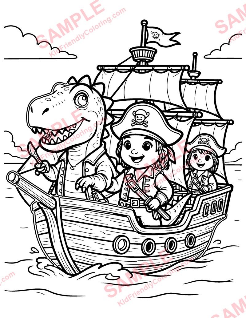 Dino Pirate Ship coloring page preview