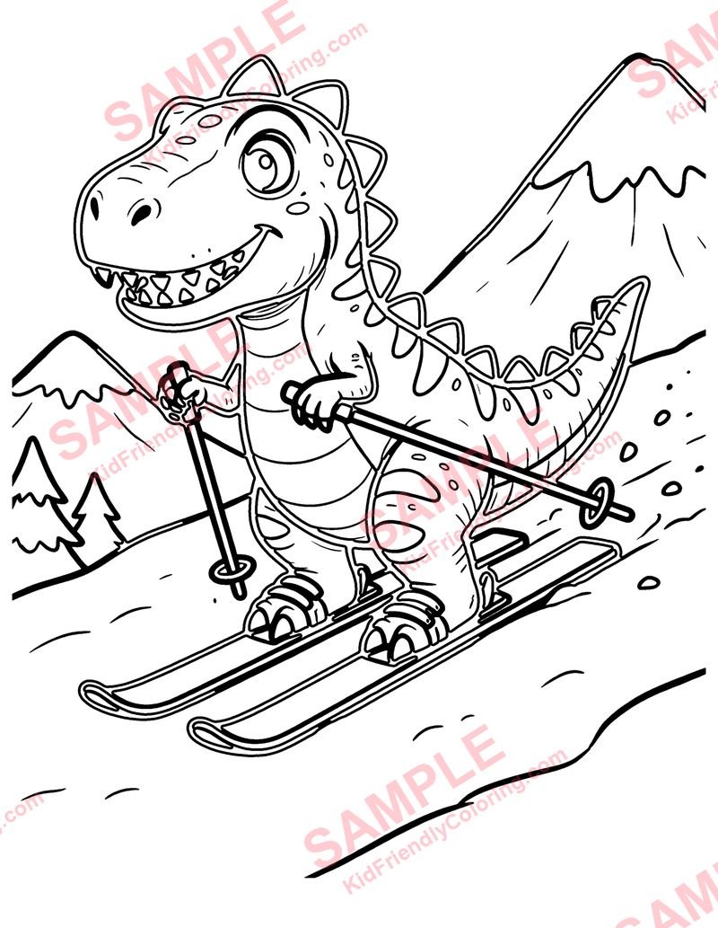 Dino Skiing coloring page preview