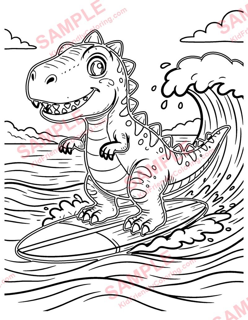 Dino Surfing coloring page preview