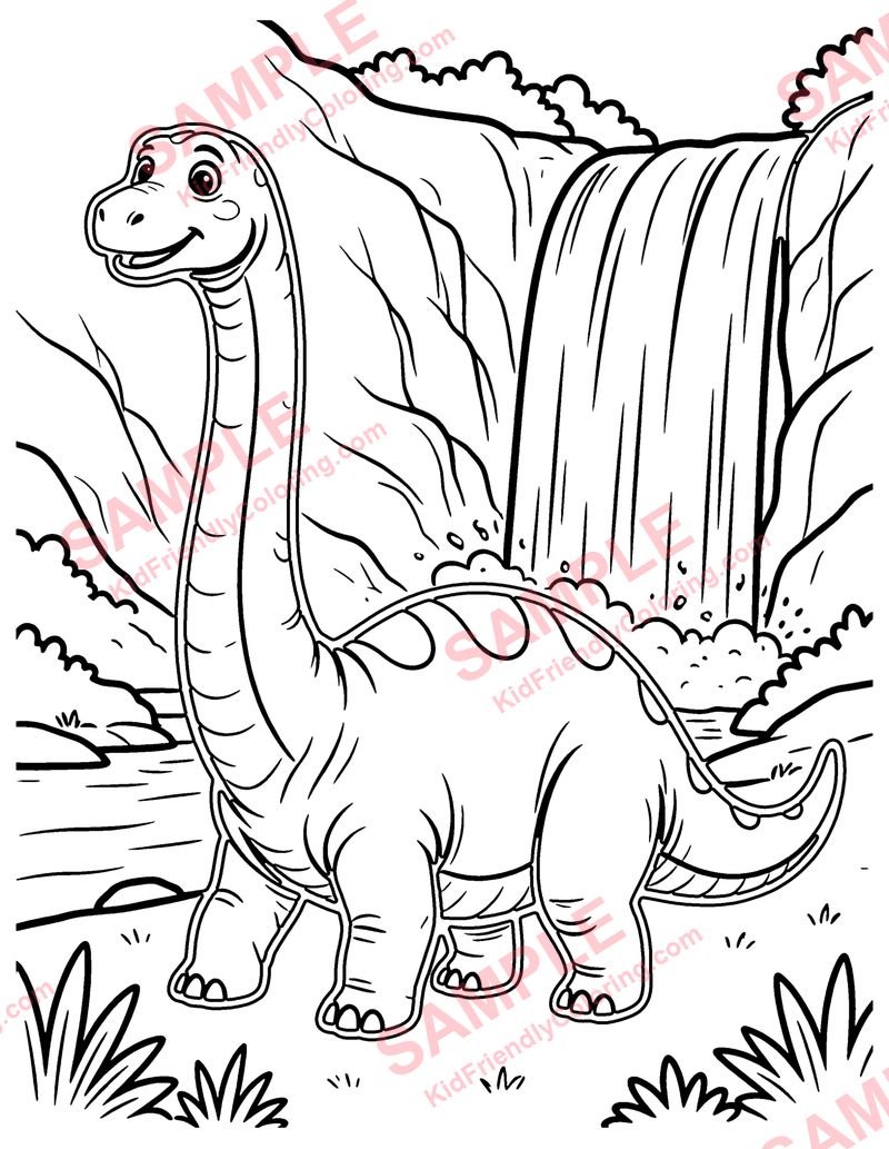 Diplodocus by the Waterfall coloring page preview