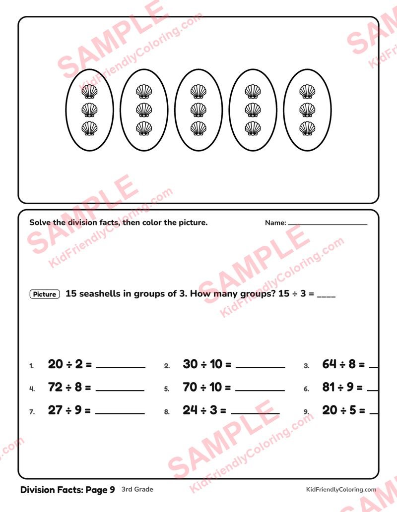 Division Facts: Page 9 coloring page preview