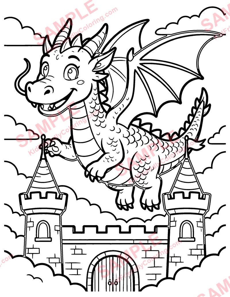 Dragon Over the Castle coloring page preview