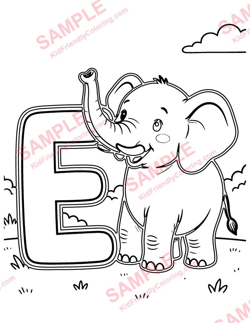 E Is for Elephant coloring page preview