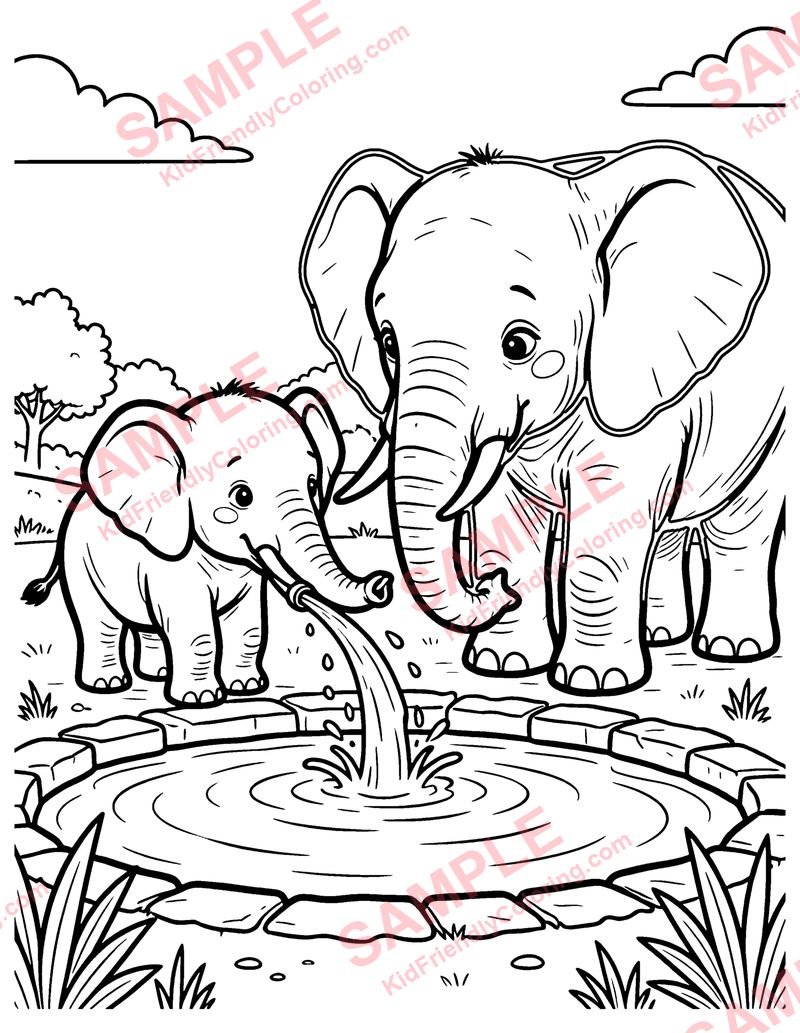 Elephant Bath Time coloring page preview
