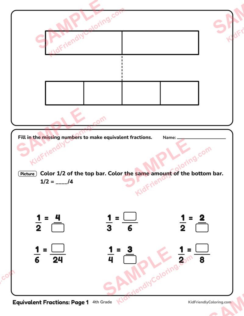 Equivalent Fractions: Page 1 coloring page preview