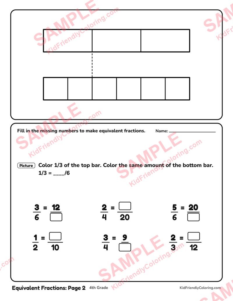 Equivalent Fractions: Page 2 coloring page preview