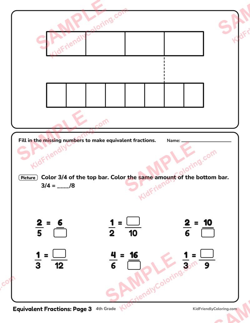 Equivalent Fractions: Page 3 coloring page preview