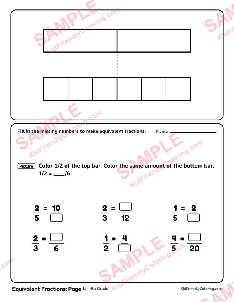 Equivalent Fractions: Page 4 coloring page preview