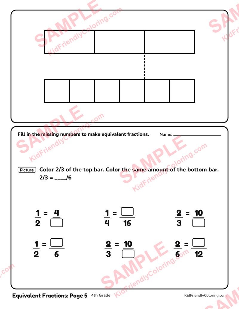 Equivalent Fractions: Page 5 coloring page preview