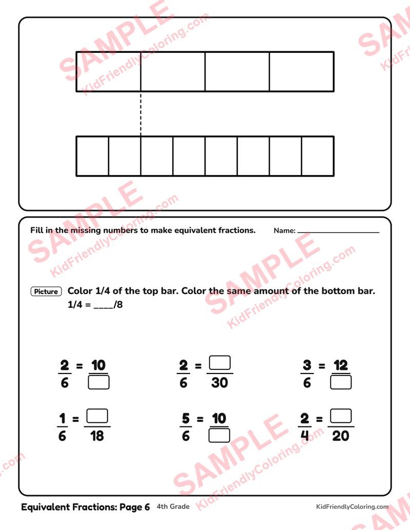 Equivalent Fractions: Page 6 coloring page preview