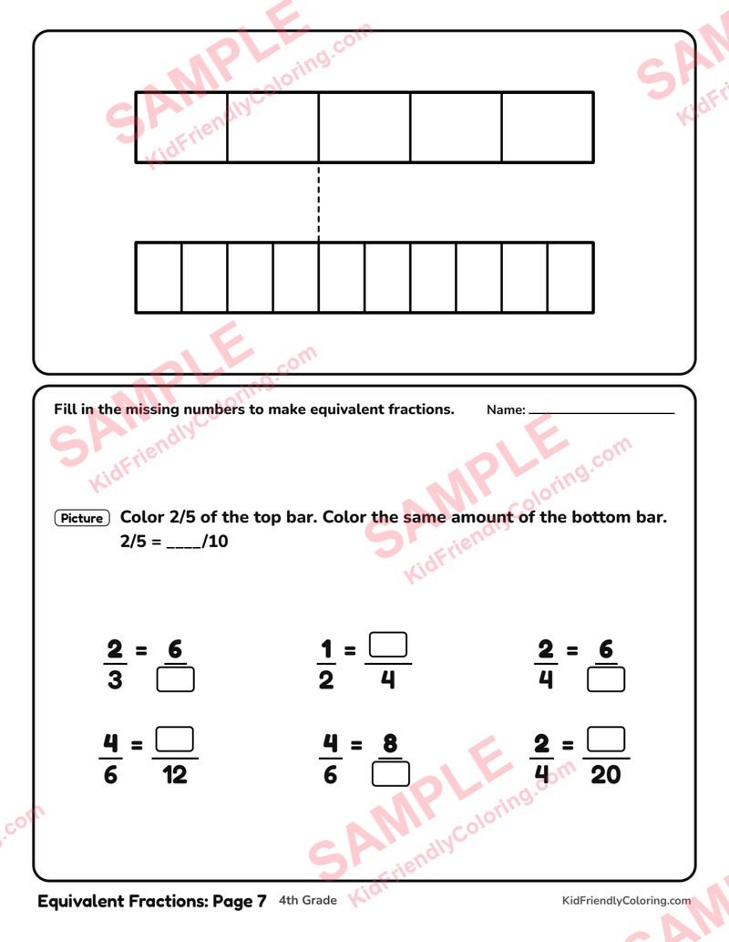 Equivalent Fractions: Page 7 coloring page preview
