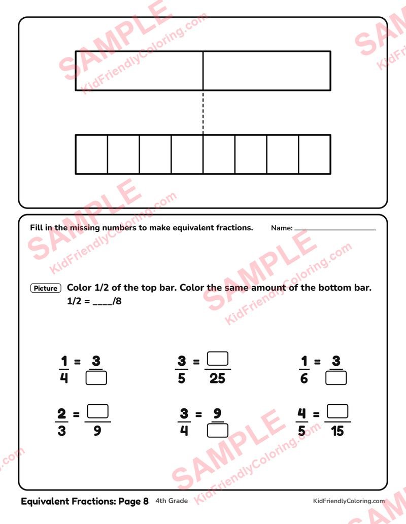 Equivalent Fractions: Page 8 coloring page preview