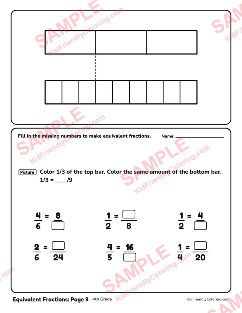 Equivalent Fractions: Page 9 coloring page preview