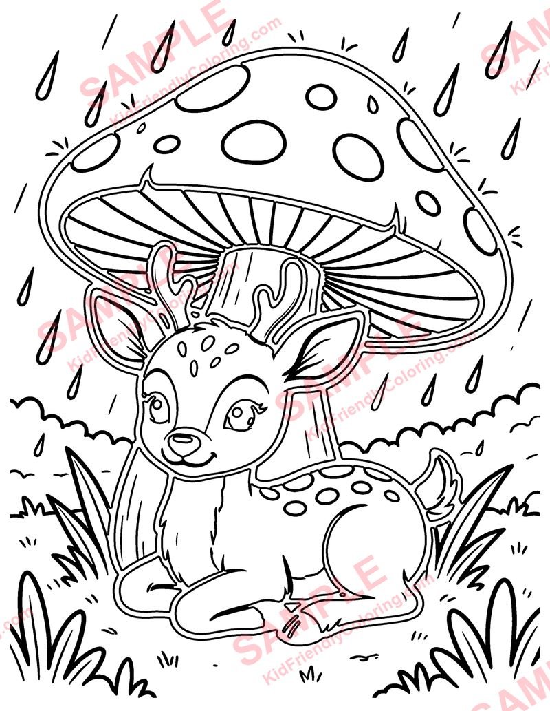 Fawn Under a Mushroom coloring page preview