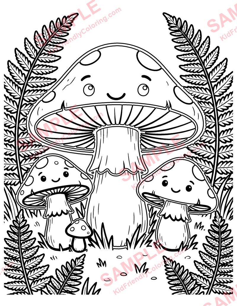 Ferns and Mushrooms coloring page preview