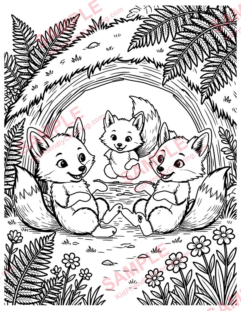 Fox Cubs at Play coloring page preview