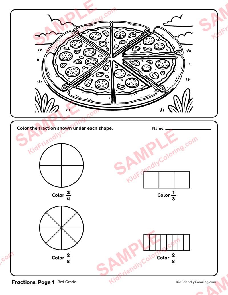 Fractions: Page 1 coloring page preview
