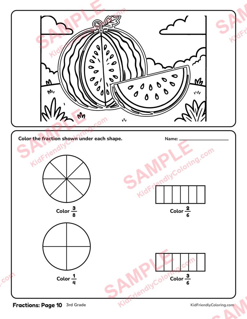Fractions: Page 10 coloring page preview