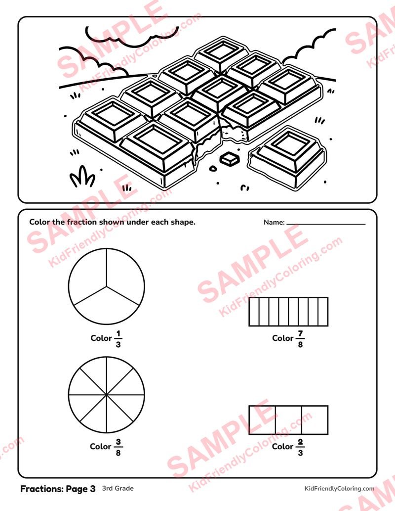 Fractions: Page 3 coloring page preview