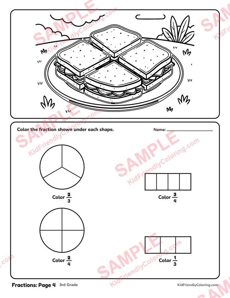 Fractions: Page 4 coloring page preview