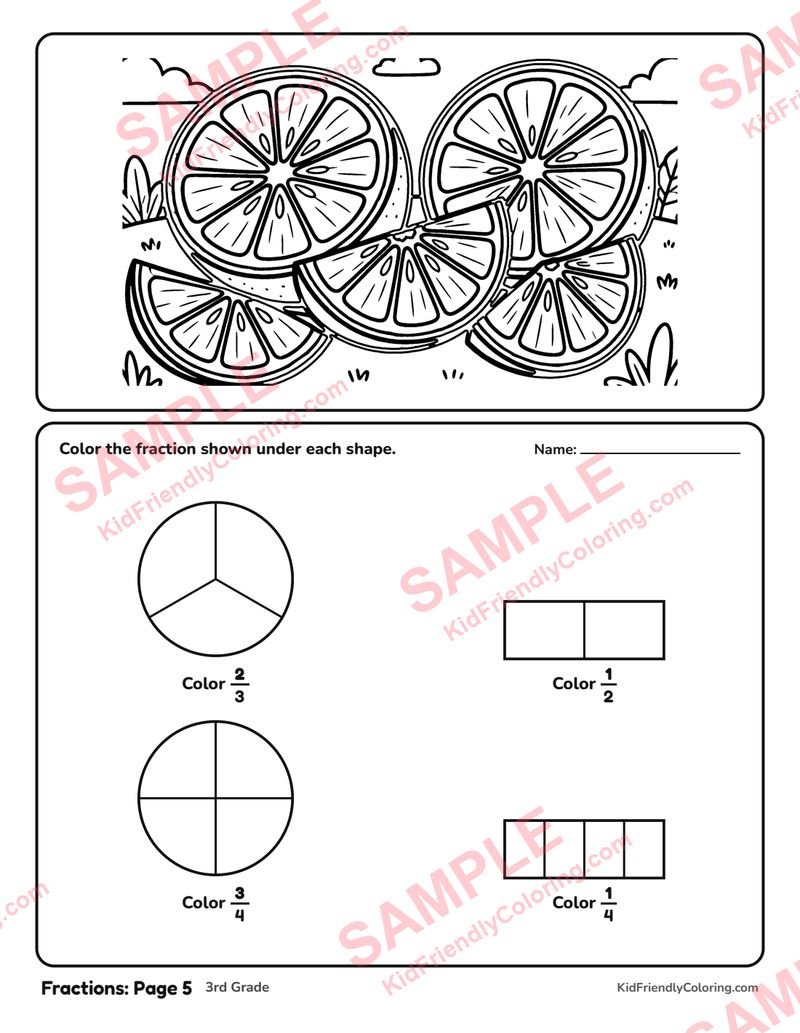 Fractions: Page 5 coloring page preview