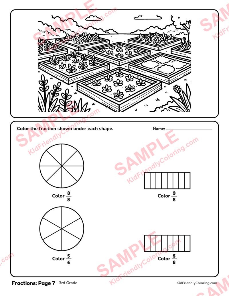 Fractions: Page 7 coloring page preview