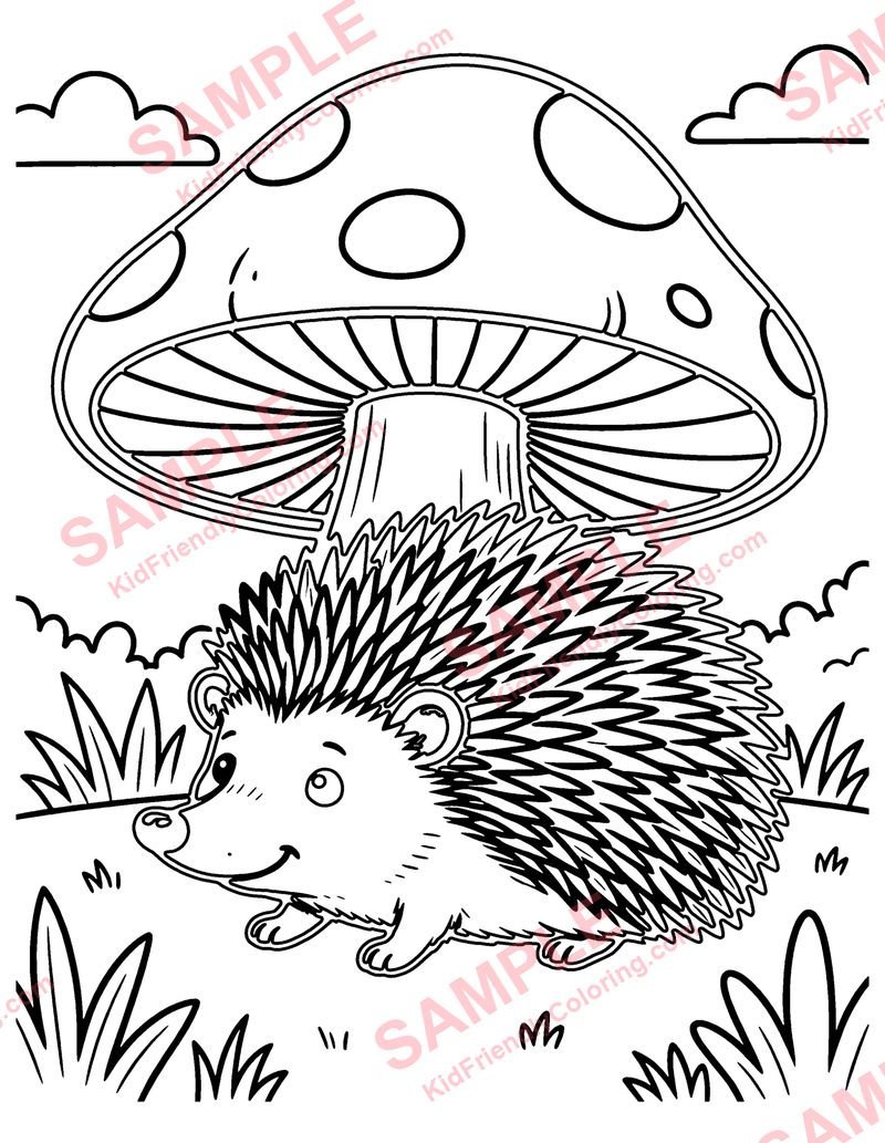 Hedgehog Under a Mushroom coloring page preview