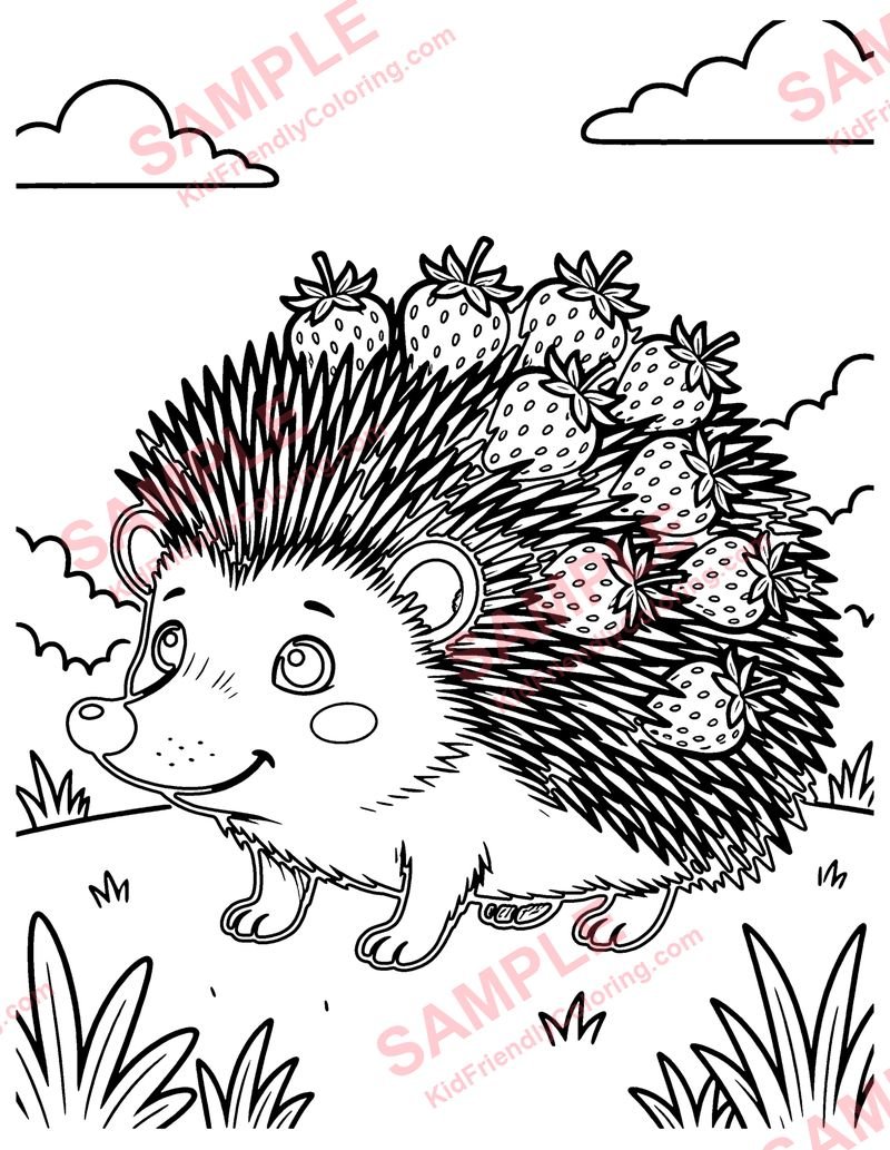 Hedgehog with Strawberries coloring page preview