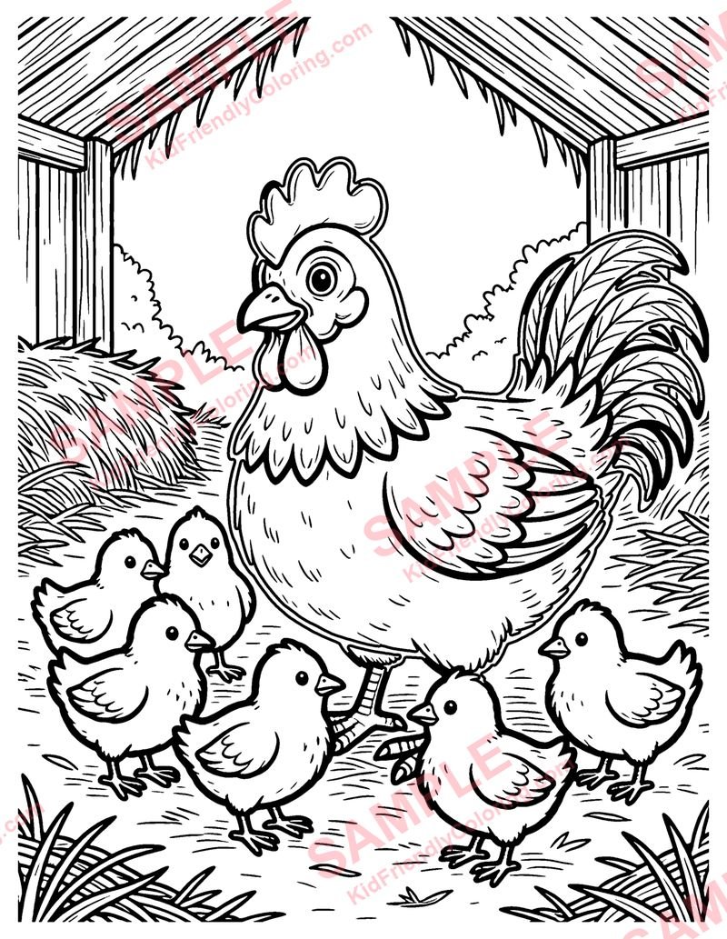 Hen and Her Chicks coloring page preview