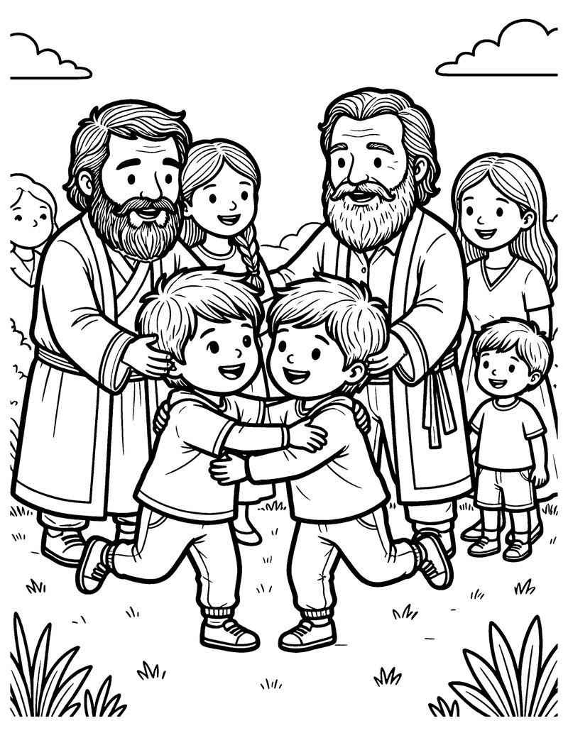Jacob and Esau Hug coloring page preview