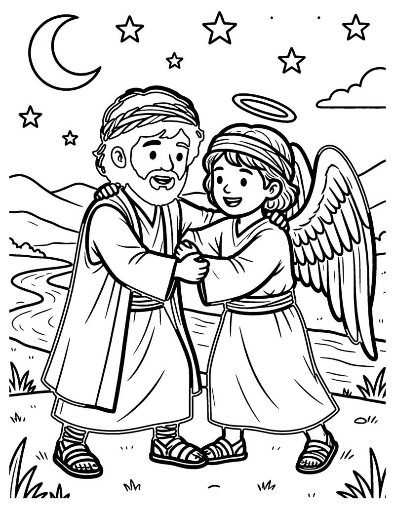 Jacob Wrestles at Night coloring page preview