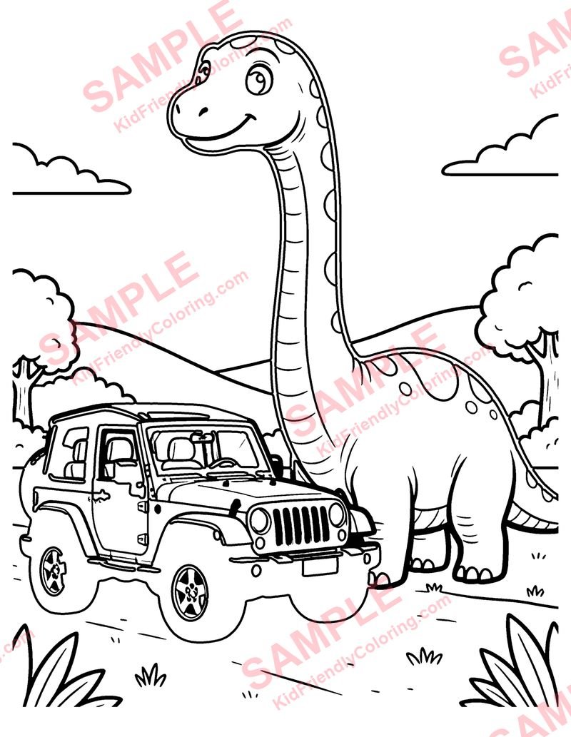 Jeep and Dinosaur coloring page preview