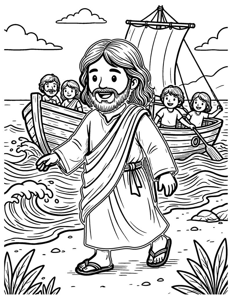 Jesus Walks on Water coloring page preview
