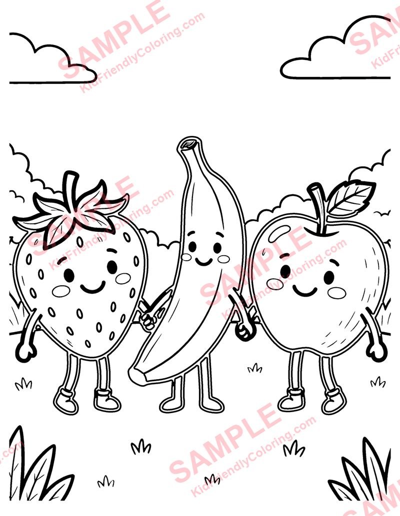 Kawaii Fruit Friends coloring page preview