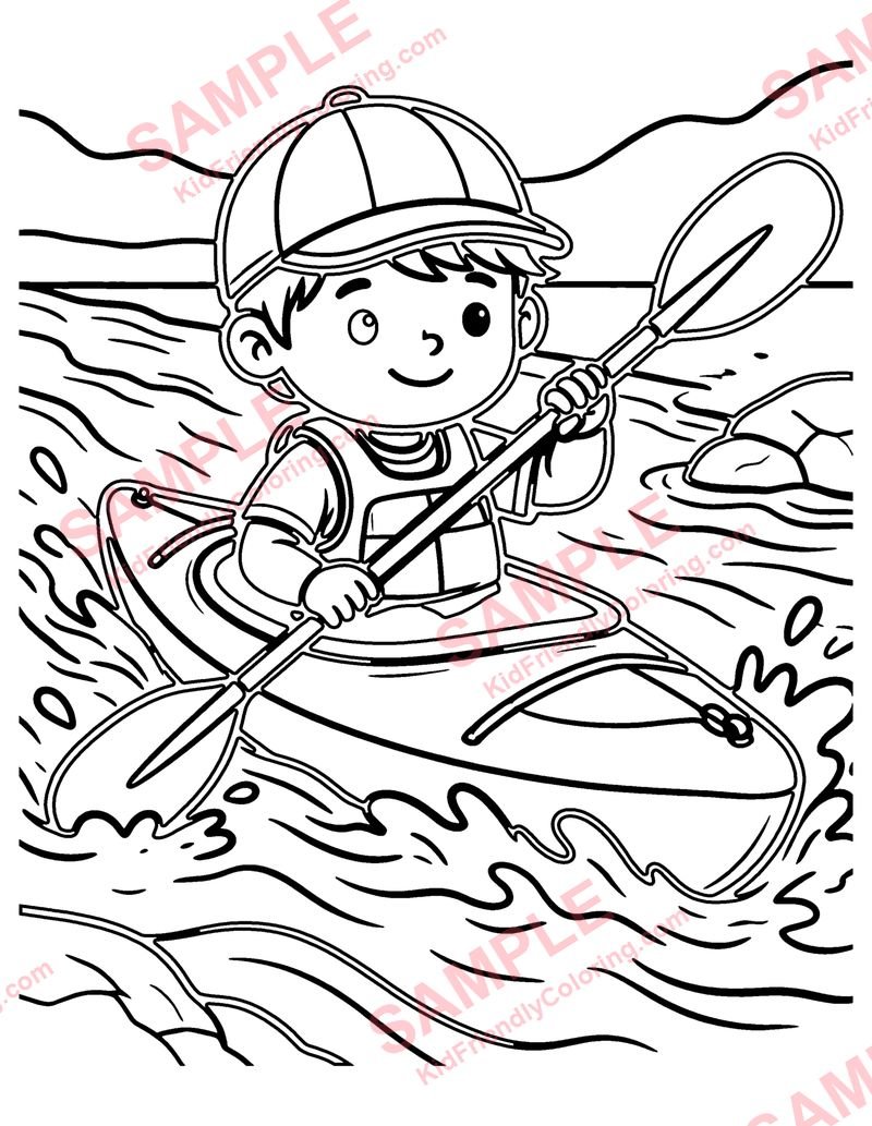 Kayaking coloring page preview