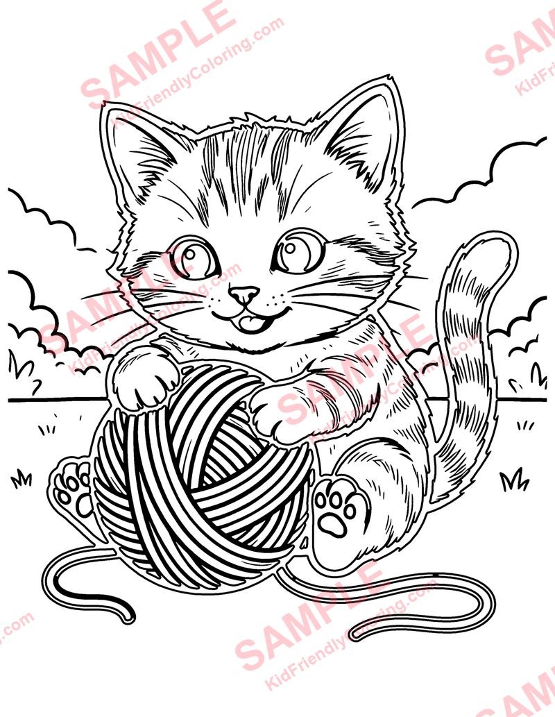 Kitten and Yarn coloring page preview