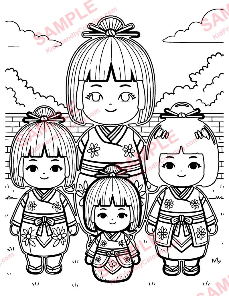 Kokeshi Dolls coloring page preview
