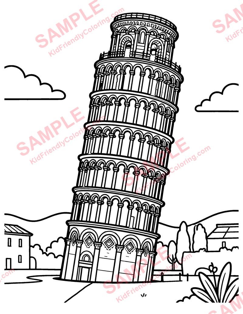 Leaning Tower of Pisa coloring page preview