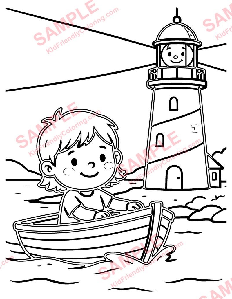 Lighthouse Boat coloring page preview