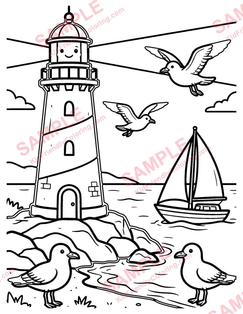 Lighthouse by the Sea coloring page preview