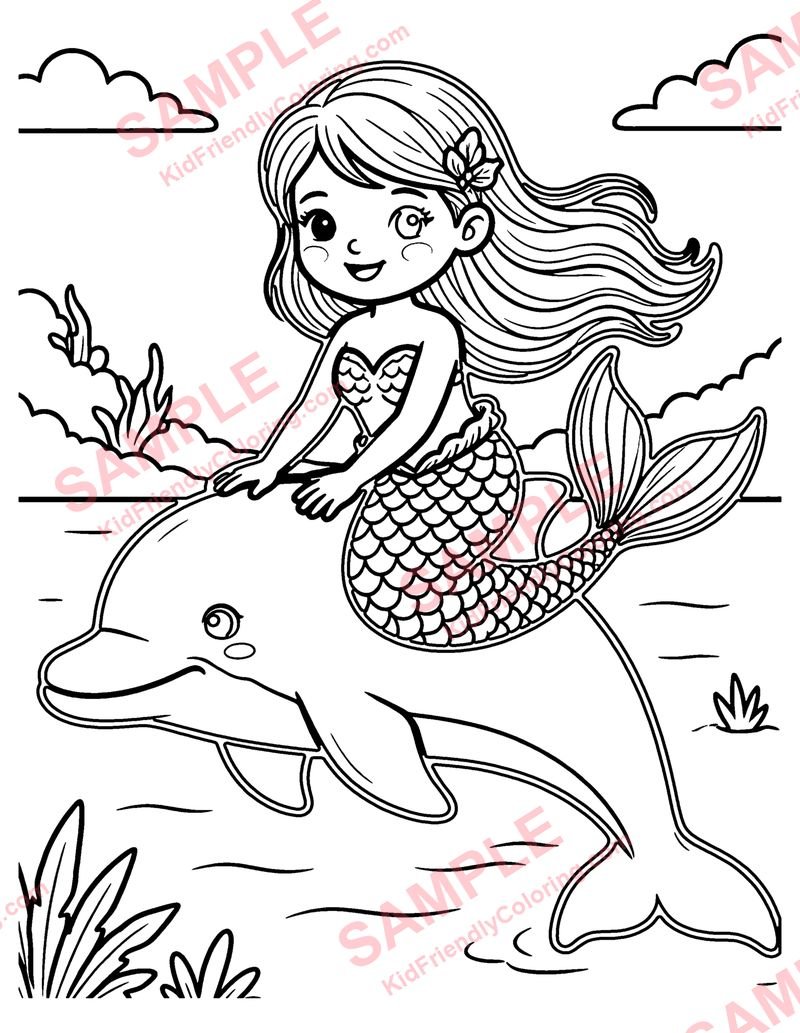 Mermaid and Dolphin coloring page preview